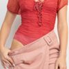 Shirred Mesh-Sleeve Bodysuit with Lace-Up Front