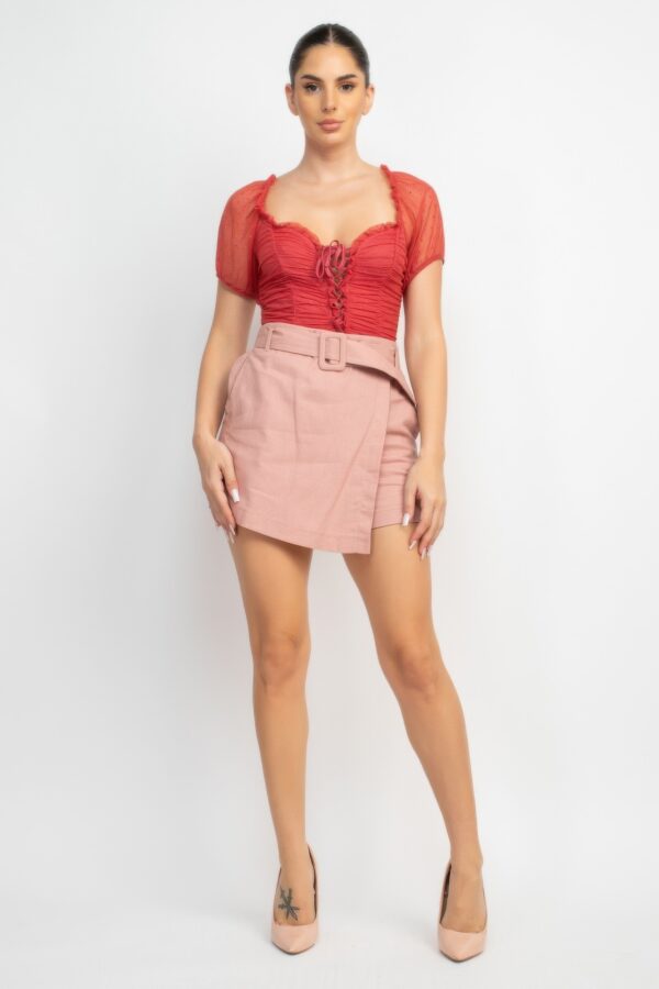 Shirred Mesh-Sleeve Bodysuit with Lace-Up Front