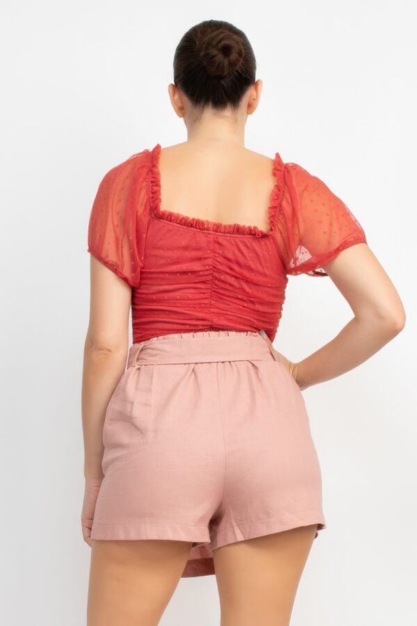 Shirred Mesh-Sleeve Bodysuit with Lace-Up Front