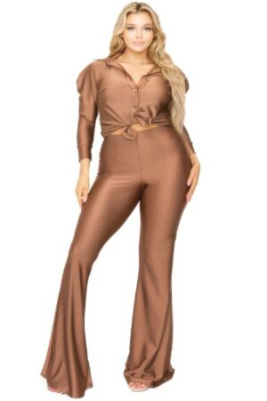 Plus Satin Two-Piece Set – 3/4 Puff Sleeve