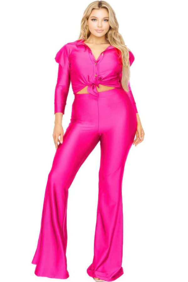 Plus Satin 3/4 Puff Sleeve Wide-Leg Two-Piece Set