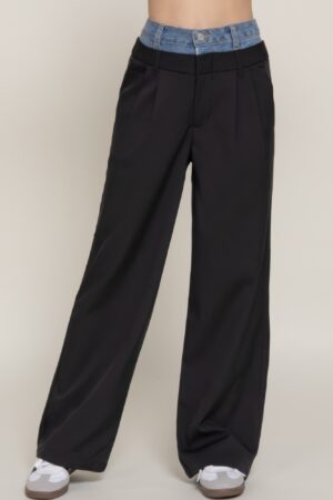 Straight-Leg Pants with Contrast Denim Waist