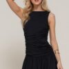Voluminous Boat-Neck Sleeveless Mini Dress