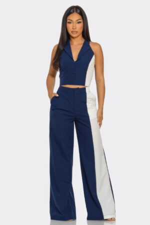 Two-Piece Color Block Set – Straight-Leg Pants & Two-Tone Top