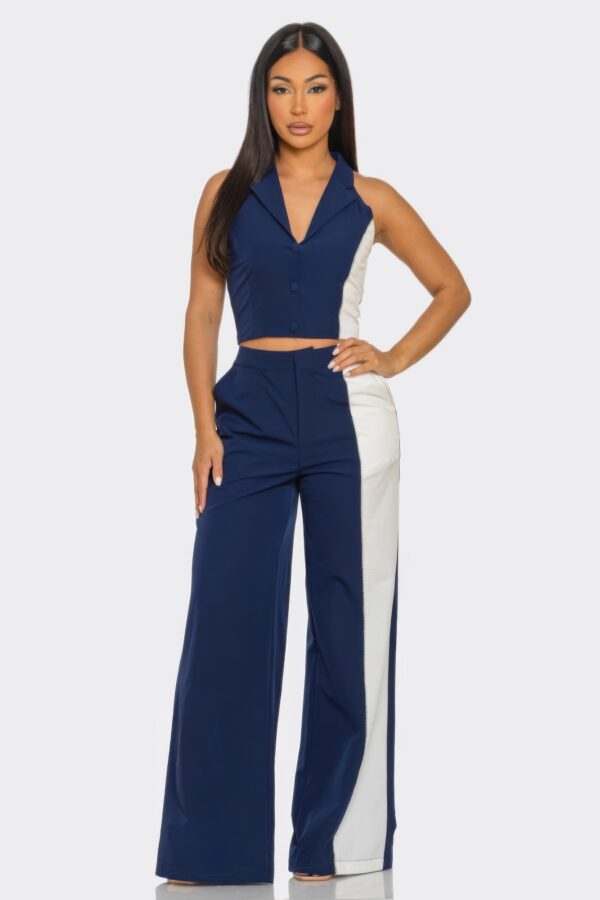 Two-Piece Color Block Set – Straight-Leg Pants & Two-Tone Top