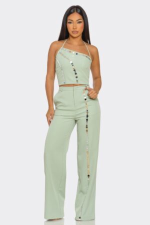 Christine Straight-Leg Pants Set with Silver Trim