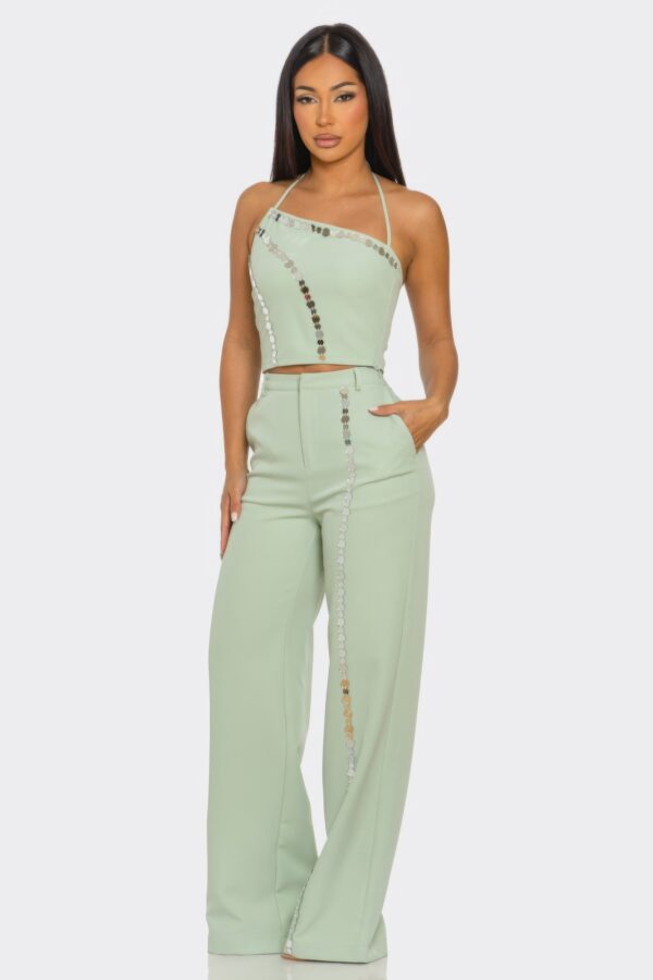 Christine Straight-Leg Pants Set with Silver Trim