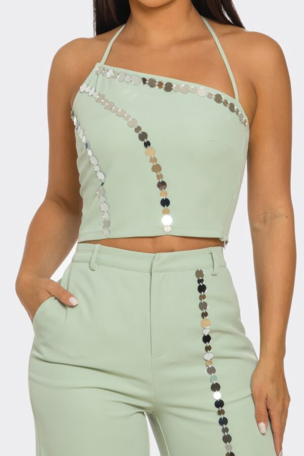 Christine Straight-Leg Pants Set with Silver Trim