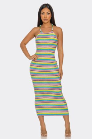 Samantha Striped Midi Dress with Beaded Straps