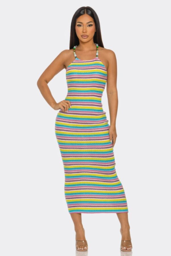 Samantha Striped Midi Dress with Beaded Straps