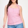 Plus Halter Tie Crinkle Knit Top – Ruched Sides
