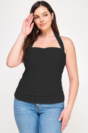 Plus Halter Tie Crinkle Knit Top – Side Ruching