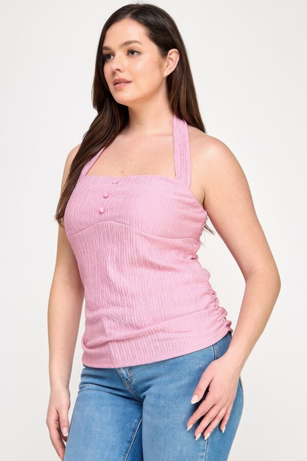 Plus Halter Tie Crinkle Knit Top – Ruched Sides