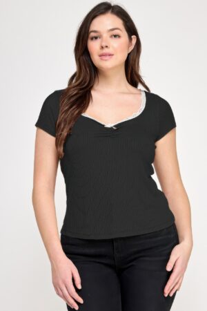 Plus Size Short-Sleeve Rib Top with Bow & Lace Trim
