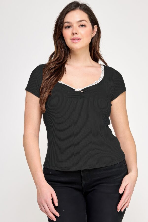 Plus Size Short-Sleeve Rib Top with Bow & Lace Trim
