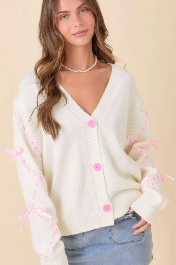 V-Neck Cardigan with Hand-Sewn Satin Ribbon Sleeves