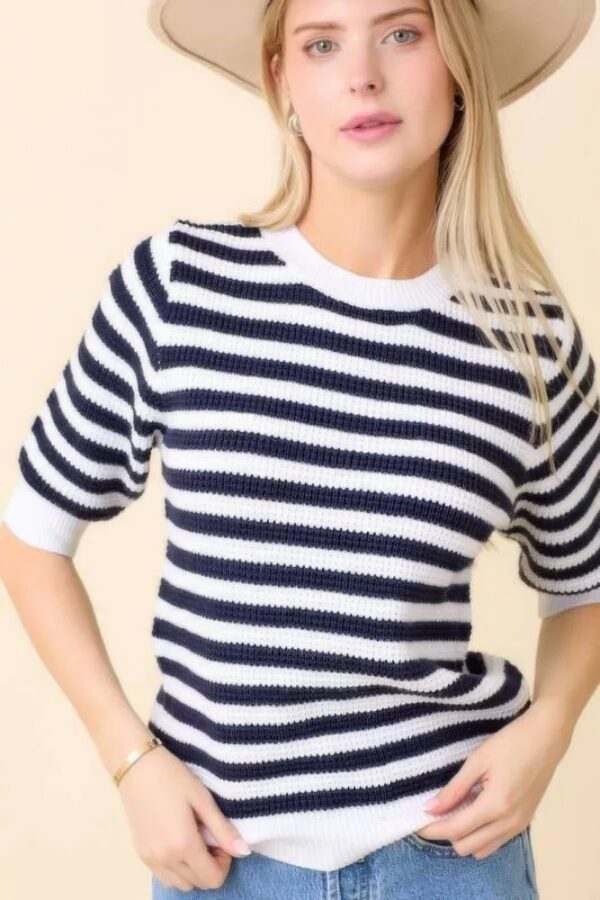 Short-Sleeve Sweater-Knit Stripe Top