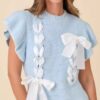 Weaved Ribbon Bow Ruffle-Sleeve Sweater-Knit Top