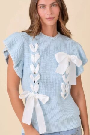 Weaved Ribbon Bow Ruffle-Sleeve Sweater-Knit Top