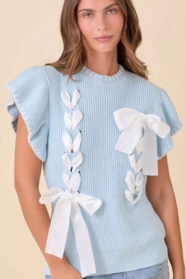 Weaved Ribbon Bow Ruffle-Sleeve Sweater-Knit Top