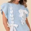Weaved Ribbon Bow Ruffle-Sleeve Sweater-Knit Top