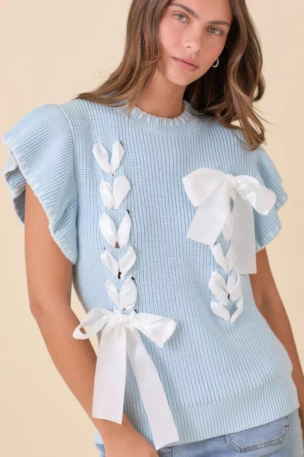 Weaved Ribbon Bow Ruffle-Sleeve Sweater-Knit Top