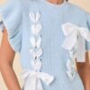 Weaved Ribbon Bow Ruffle-Sleeve Sweater-Knit Top