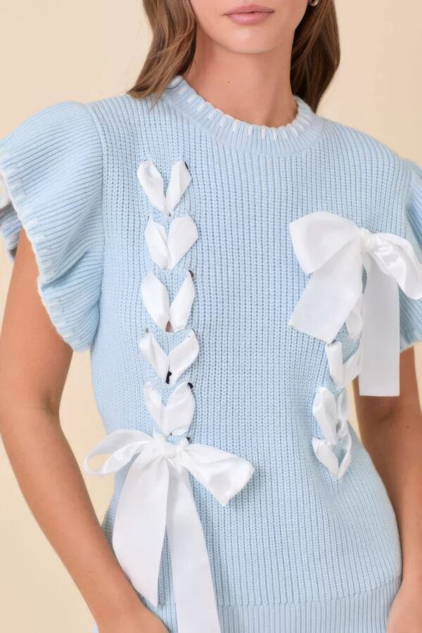 Weaved Ribbon Bow Ruffle-Sleeve Sweater-Knit Top