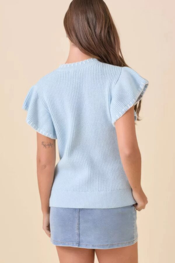 Weaved Ribbon Bow Ruffle-Sleeve Sweater-Knit Top