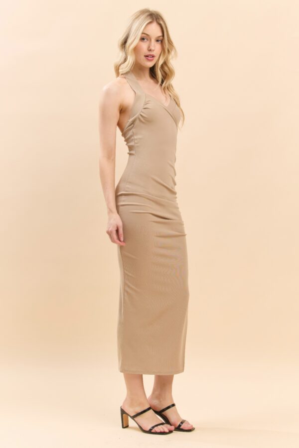 Halter Ruched Midi Dress with Asymmetrical Side Slit