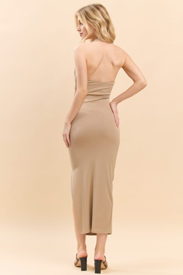 Halter Ruched Midi Dress with Asymmetrical Side Slit