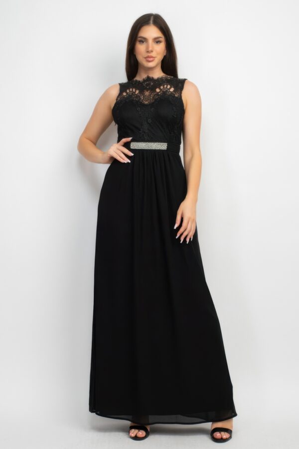 Sleeveless Lace Maxi Dress with Jewel Waist-Tie