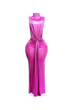 Mock Neck Tied-Waist Maxi Dress – Sleeveless Draped Silhouette
