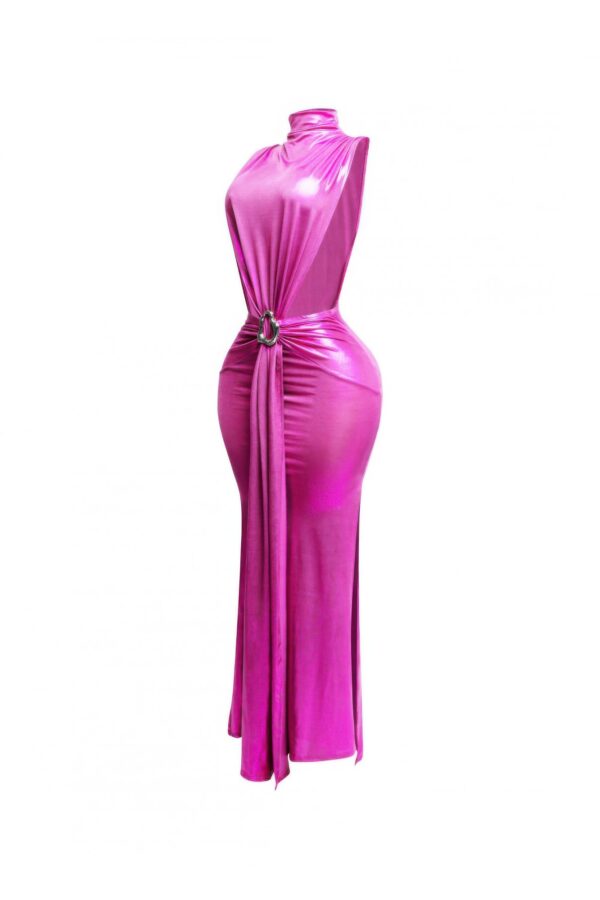 Mock Neck Tied-Waist Maxi Dress – Sleeveless Draped Silhouette
