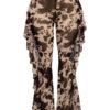 High-Waisted Printed Mesh Pants with Side Ruffle