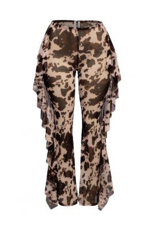 High-Waisted Printed Mesh Pants with Side Ruffle