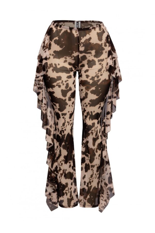High-Waisted Printed Mesh Pants with Side Ruffle