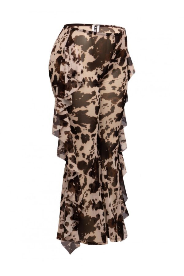 High-Waisted Printed Mesh Pants with Side Ruffle