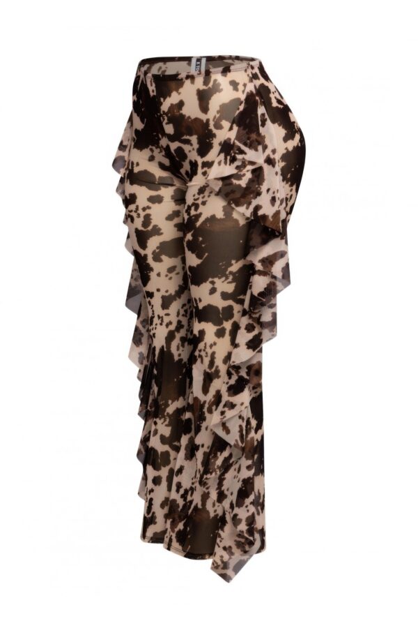 High-Waisted Printed Mesh Pants with Side Ruffle