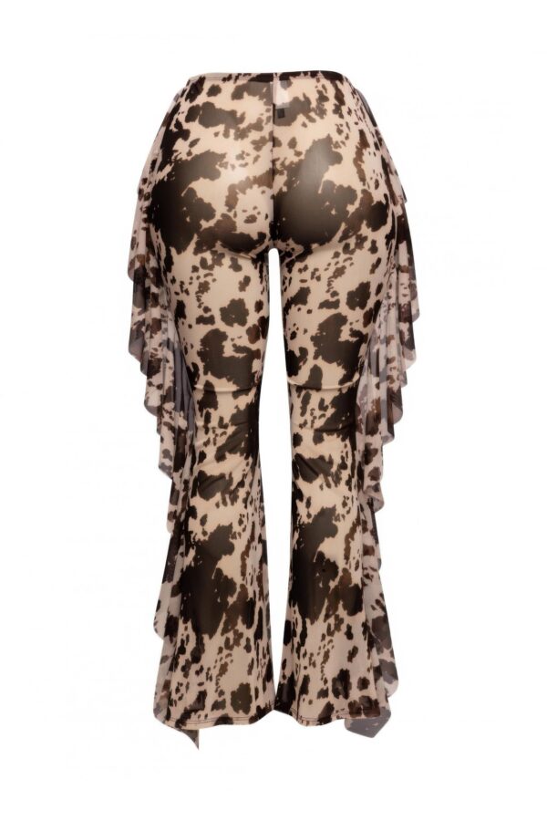 High-Waisted Printed Mesh Pants with Side Ruffle
