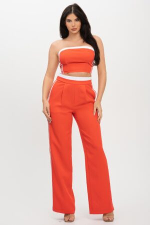 Stripe-Taping Top & Pants Set with Contrast Elastic Band