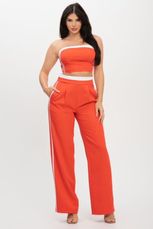 Stripe-Taping Top & Pants Set with Contrast Elastic Band