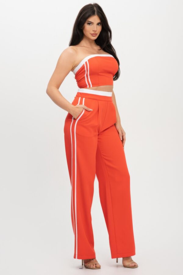 Stripe-Taping Top & Pants Set with Contrast Elastic Band
