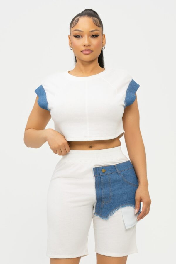 Top & Biker Shorts Set with Denim Sleeves