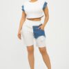 Top & Biker Shorts Set with Denim Sleeves