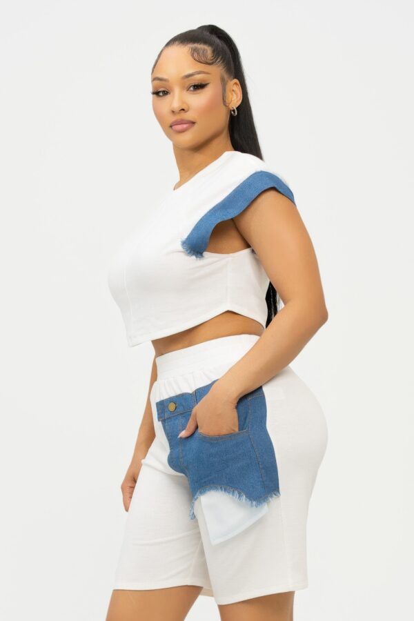 Top & Biker Shorts Set with Denim Sleeves
