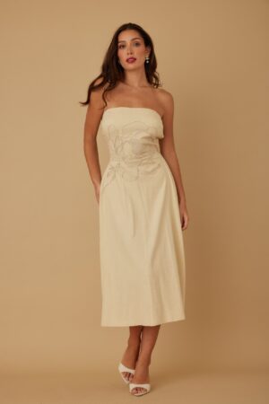 Strapless Linen-Texture Dress with Floral Lining