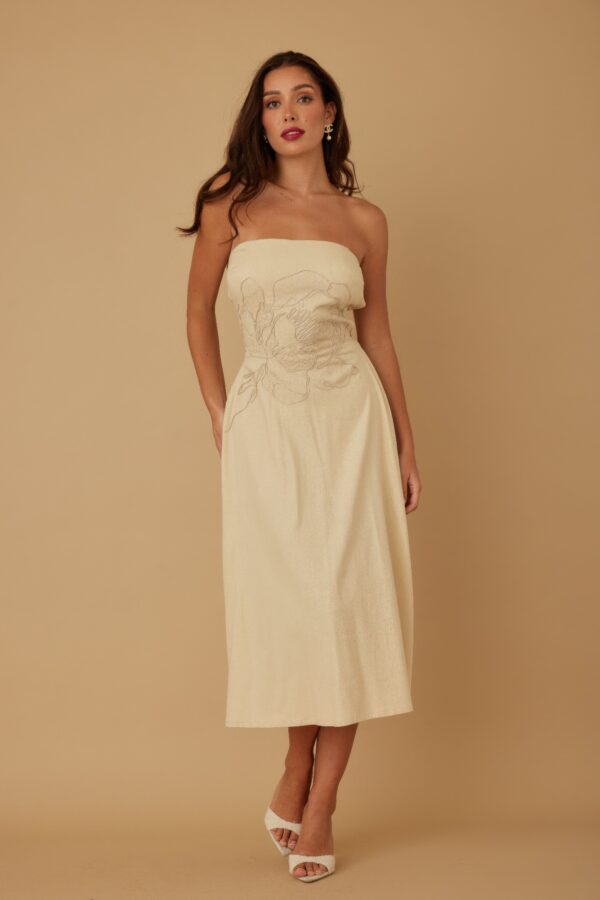 Strapless Linen-Texture Dress with Floral Lining