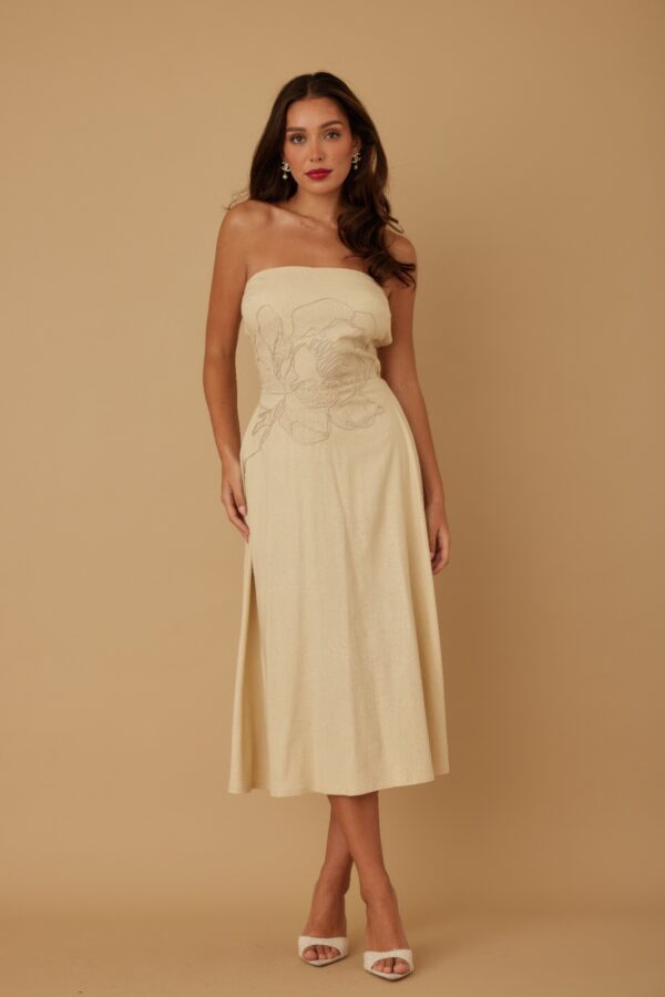 Strapless Linen-Texture Dress with Floral Lining