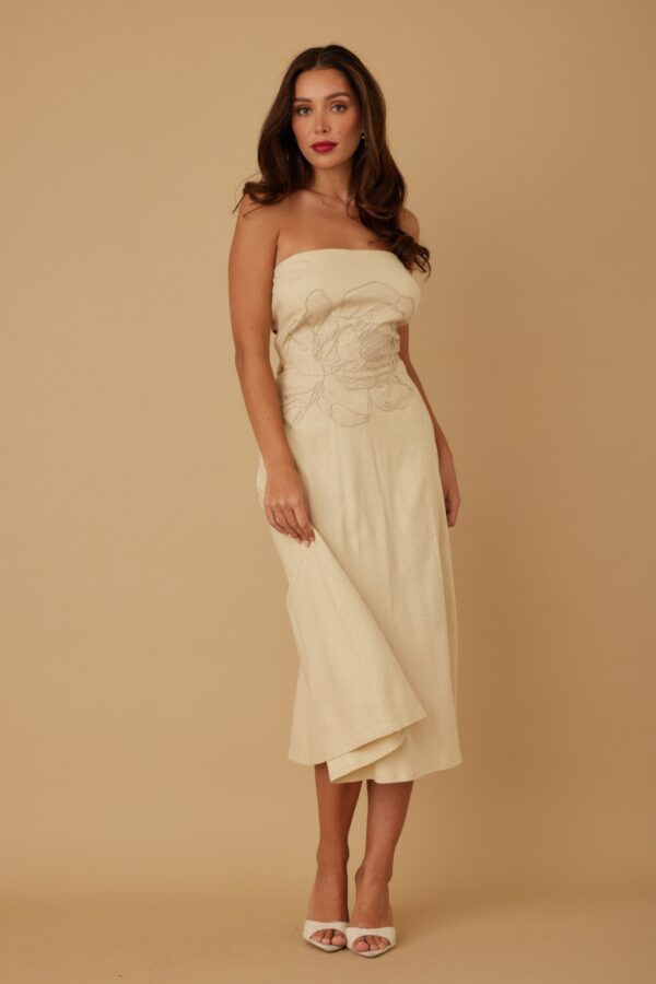 Strapless Linen-Texture Dress with Floral Lining